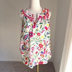Boden Floral Sleeveless Cotton Blouse Pom Pom 12 Large Bold Maximal Colorful